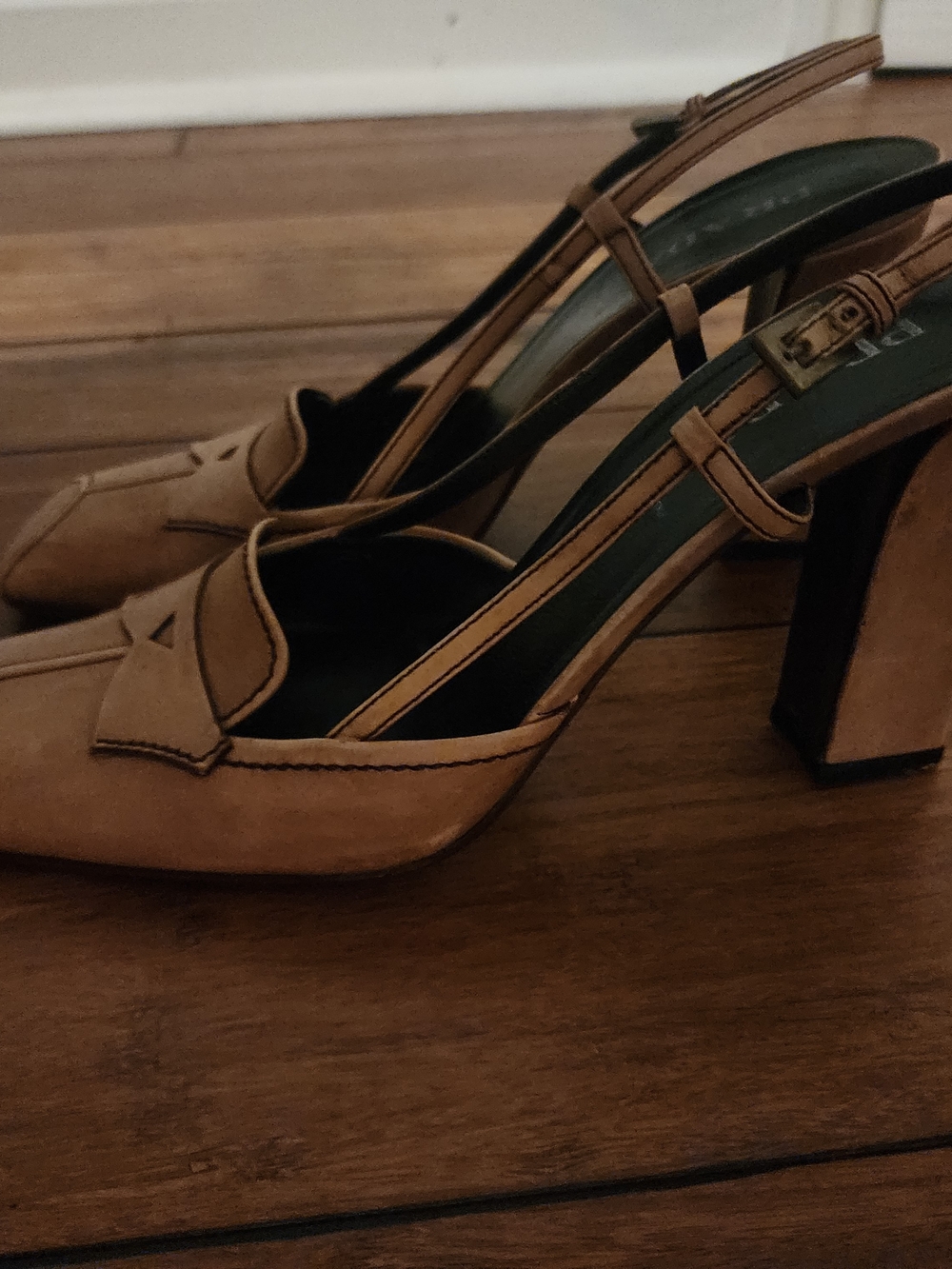 Prada Tan Leather Slingback Block Heel Sandals Size 8 - Picture 5 of 5